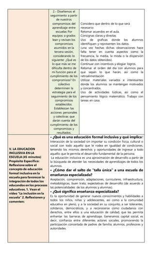 2.- Diseñemos el
seguimiento a partir
de nuestros
compromisos del
aprendizaje entre
escuelas Por
equipos o grados
lean y revisen los
compromisos
asumidos en la
tercera sesión,
considerando lo
siguiente: ¿Qué es
lo que más se me
dificulta dentro de
mi función para el
cumplimiento de los
compromisos? En
colectivo
determinen la
estrategia para el
seguimiento de los
compromisos
establecidos.
Establezcan las
acciones personales
y colectivas que
darán cuenta del
cumplimiento de los
compromisos y
resultados.
Considero que dentro de lo que será
necesario:
Retomar acuerdos en el aula.
Consignas claras y directas
Uso de graficas donde los alumnos
identifiquen y representen los datos.
(una vez hechas dichas observaciones hace
falta tener en cuenta aspectos como la
frecuencia, la media, la moda o la dispersión
de los datos obtenidos).
Continuar con incentivos y elogiar logros.
Retomar el orden del día con alumnos para
que sepan lo que harán, así como la
retroalimentación
Utilizar materiales variados e interesantes
donde los alumnos se mantengan motivados
y concentrados.
Uso de actividades lúdicas, así como el
pensamiento lógico matemático. Trabajo con
tareas en casa.
V. LA EDUCACION
INCLUSIVA EN LA
ESCUELA (45 minutos)
Propósito Específico:
Reflexione sobre el
concepto de educación
formal inclusiva en la
escuela para favorecer la
integración de todos los
educandos en los procesos
educativos. 1. Vean el
video “La inclusión en la
escuela” 2. Reflexionen y
comenten:
• ¿Qué es una educación formal inclusiva y qué implica?
Interacción de la sociedad sin importar su condición física, cultural o
social con todo aquello que le rodea en igualdad de condiciones,
teniendo los mismos derechos y oportunidades de ingresar a todo
aquello que le permita el desarrollo fundamental de la persona.
La educación inclusiva es una aproximación de desarrollo a partir de
la búsqueda de atender las necesidades de aprendizajes de todos los
alumnos.
• ¿Cómo dar el salto de “talla única” a una escuela de
enseñanza especializada?
Aceptación, comprensión, adaptaciones, curriculares, infraestructura,
metodológicas, buen trato, expectativas de desarrollo (de acuerdo a
las potencialidades de los alumnos y alumnas).
• ¿Qué significa enseñanza especializada?
Es la oportunidad de generar nuevos conocimientos y habilidades a
todos los niños, niñas y adolescentes, así como a la comunidad
educativa en pleno, y a la sociedad en su conjunto, a ser tolerantes,
solidarios, democráticos, y a reconocerse como ciudadanos con
derechos, entre ellos a una educación de calidad, que les permita
enfrentar las barreras de aprendizaje. Generamos capital social, es
decir, confianza entre diferentes actores sociales, promoviendo la
participación concertada de padres de familia, alumnos, profesores y
autoridades.
 