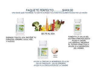 PAQUETE PERFECTO…………..$449.00 UNA BASE QUE FAVORECE TU DIETA CUANDO TUS HABITOS ALIMENTICIOS NO LO HACEN ENERGIA TODO EL DIA: PROTÉGÉ TU CORAZON, CEREBRO, OJOS, PIEL Y HUESOS $11.70 AL DIA FOMENTA LA SALUD DEL  SISTEMA INMUNOLOGICO AYUDA A SANAR LAS HERIDAS, PRESERVA EL TEJIDO CONECTIVO Y AYUDA A LA ABSORCION DEL HIERRO AYUDA A LIMPIAR LA MEMBRANA CELULAR SALUD CARDIACA , SALUD CEREBRAL  AYUDA A LA CIRCULACION DE LA SANGRE  