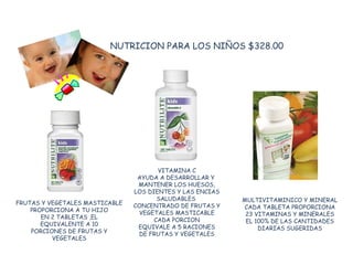 MULTIVITAMINICO Y MINERAL CADA TABLETA PROPORCIONA 23 VITAMINAS Y MINERALES EL 100% DE LAS CANTIDADES DIARIAS SUGERIDAS VITAMINA C AYUDA A DESARROLLAR Y  MANTENER LOS HUESOS, LOS DIENTES Y LAS ENCIAS SALUDABLES  CONCENTRADO DE FRUTAS Y VEGETALES MASTICABLE CADA PORCION EQUIVALE A 5 RACIONES DE FRUTAS Y VEGETALES NUTRICION PARA LOS NIÑOS $328.00 FRUTAS Y VEGETALES MASTICABLE PROPORCIONA A TU HIJO EN 2 TABLETAS ,EL EQUIVALENTE A 10 PORCIONES DE FRUTAS Y VEGETALES 