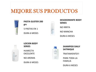 PASTA GLISTER 200 grs  5 PASTAS EN 1  DURA 6 MESES DESODORANTE BODY SERIES  NO IRRITA  NO MANCHA  DURA 6 MESES LOCION BODY SERIES  HUMECTA EXCELENTE  NO AROMA  DURA 6 MESES SHAMPOO DAILY SATINIQUE  TRATAMIENTO!!  PARA TODA LA FAMILIA  DURA 6 MESES 