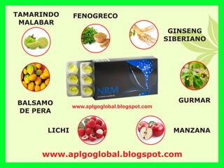 www.aplgoglobal.blogspot.com
LICHI MANZANA
GINSENG
SIBERIANO
GURMAR
TAMARINDO
MALABAR
BALSAMO
DE PERA
FENOGRECO
www.aplgoglobal.blogspot.com
 