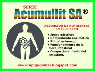 SERIE
• Jugos gástricos
• Rompimiento enzimático
• PH del estómago
• Funcionamiento de la
ﬂora intestinal
• Congestionamiento del
intestino.
ABSORCION DE NUTRIENTES
EN EL CUERPO
Acumullit SA®
www.aplgoglobal.blogspot.com
 
