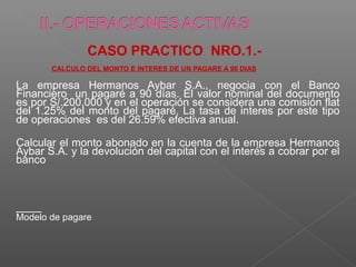 CASO PRACTICO NRO.1.-
       CALCULO DEL MONTO E INTERES DE UN PAGARE A 90 DIAS

La empresa Hermanos Aybar S.A., negocia con el Banco
Financiero un pagaré a 90 días. El valor nominal del documento
es por S/.200,000 y en el operación se considera una comisión flat
del 1.25% del monto del pagaré. La tasa de interes por este tipo
de operaciones es del 26.59% efectiva anual.

Calcular el monto abonado en la cuenta de la empresa Hermanos
Aybar S.A. y la devolución del capital con el interés a cobrar por el
banco



____
Modelo de pagare
 