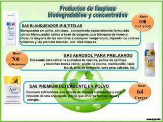 Productos de limpieza biodegradables y concentrados Blanqueador en polvo, sin cloro,  concentrado especialmente formulado  con un blanqueador activo a base de oxígeno, que blanquea de manera  eficaz, la mayoría de las manchas a cualquier temperatura, dejando los colores  brillantes y las prendas blancas, aún  más blancas.  Excelente para retirar la suciedad de cuellos, puños de camisas  y manchas tercas como: aceite de cocina, mantequilla, lápiz  labial, tinta de bolígrafo, cera para calzado, etc. Contiene activadores que actúan de manera instantánea y soló  requiere de una enjuagada, por lo que ahorras tiempo, agua y energía.   SA8 BLANQUEADOR MULTITELAS SA8 AEROSOL PARA PRELAVADO SA8 PREMIUM DETERGENTE EN POLVO   Rinde 100   LAVADAS Rinde   700 Aplicaciones Rinde  64 Cargas 