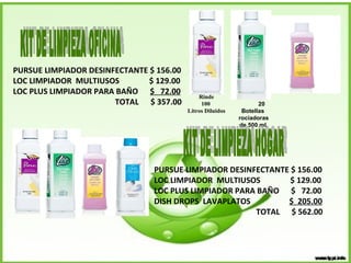 PURSUE LIMPIADOR DESINFECTANTE $ 156.00 LOC LIMPIADOR  MULTIUSOS  $ 129.00 LOC PLUS LIMPIADOR PARA BAÑO  $  72.00   TOTAL  $ 357.00 $ 205.00 pesos  Contiene 1 Lt Rinde  20 Botellas rociadoras de 500 ml Rinde 100  Litros Diluidos KIT DE LIMPIEZA OFICINA KIT DE LIMPIEZA HOGAR PURSUE LIMPIADOR DESINFECTANTE $ 156.00 LOC LIMPIADOR  MULTIUSOS  $ 129.00 LOC PLUS LIMPIADOR PARA BAÑO  $  72.00 DISH DROPS  LAVAPLATOS   $  205.00   TOTAL  $ 562.00 