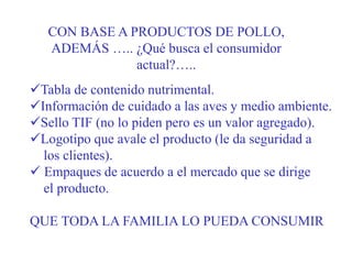 CON BASE A PRODUCTOS DE POLLO,
ADEMÁS ….. ¿Qué busca el consumidor
actual?…..
Tabla de contenido nutrimental.
Información de cuidado a las aves y medio ambiente.
Sello TIF (no lo piden pero es un valor agregado).
Logotipo que avale el producto (le da seguridad a
los clientes).
 Empaques de acuerdo a el mercado que se dirige
el producto.
QUE TODA LA FAMILIA LO PUEDA CONSUMIR
 