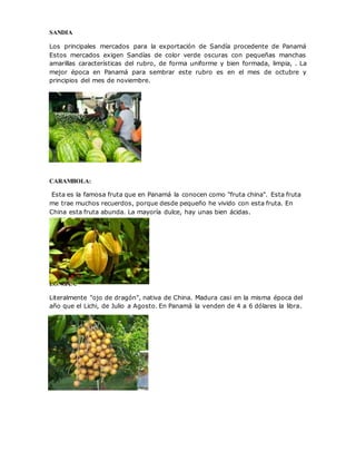 SANDIA
Los principales mercados para la exportación de Sandía procedente de Panamá
Estos mercados exigen Sandías de color verde oscuras con pequeñas manchas
amarillas características del rubro, de forma uniforme y bien formada, limpia, . La
mejor época en Panamá para sembrar este rubro es en el mes de octubre y
principios del mes de noviembre.
CARAMBOLA:
Esta es la famosa fruta que en Panamá la conocen como "fruta china". Esta fruta
me trae muchos recuerdos, porque desde pequeño he vivido con esta fruta. En
China esta fruta abunda. La mayoría dulce, hay unas bien ácidas.
LONGAN:
Literalmente "ojo de dragón", nativa de China. Madura casi en la misma época del
año que el Lichi, de Julio a Agosto. En Panamá la venden de 4 a 6 dólares la libra.
 