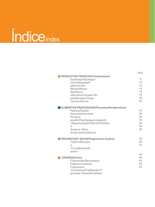 ÍndiceIndex

                                                           PAG.
              PRODUCTOS FRESCOS/Freshproducts
                   Espárrago/Asparagus                       8
                   Uva/TablegrapeP                          10
                   alta/Avocado                             12
                   Mango/Mango                              14
                   Mandarina                                16
                   /MandarineTangelo/Tan                    18
                   geloNaranja/Orange                       20
                   Limónsutil/Lime                          22

              ALIMENTOS PROCESADOS/Processedfoodproducts
                    Páprika/Paprika                         24
                    Alcachofa/Artichoke                     26
                    Pimiento                                28
                    piquillo/PiquillopepperJalapeño         30
                    /JalapeñopepperPalmito/Palmhea          32
                    rt                                      34
                    Aceituna /Olive                         36
                    Aceite deoliva/Oliveoil

              ORGÁNICOSY SECOS/Organicand dryfood           38
                   Café/CoffeeCaca                          40
                   o                                        42
                   /CocoaBanano/B
                   anana
                                                            44
              GRANOS/Grains                                 46
                  Frijolcastilla/Blackeyepea                48
                  Pallares/Limabean                         50
                  Frijolcanario                             52
                  /CanarybeanFrijoldepalo/Pi
                  geonpea Habas/Broadbean
 