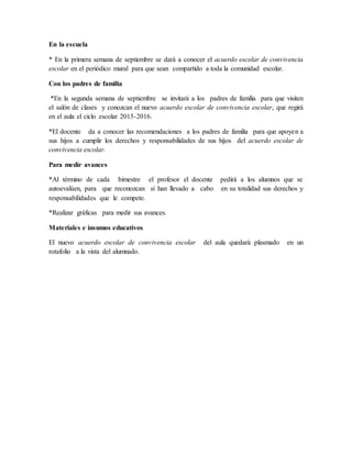 En la escuela
* En la primera semana de septiembre se dará a conocer el acuerdo escolar de convivencia
escolar en el periódico mural para que sean compartido a toda la comunidad escolar.
Con los padres de familia
*En la segunda semana de septiembre se invitará a los padres de familia para que visiten
el salón de clases y conozcan el nuevo acuerdo escolar de convivencia escolar, que regirá
en el aula el ciclo escolar 2015-2016.
*El docente da a conocer las recomendaciones a los padres de familia para que apoyen a
sus hijos a cumplir los derechos y responsabilidades de sus hijos del acuerdo escolar de
convivencia escolar.
Para medir avances
*Al término de cada bimestre el profesor el docente pedirá a los alumnos que se
autoevalúen, para que reconozcan si han llevado a cabo en su totalidad sus derechos y
responsabilidades que le compete.
*Realizar gráficas para medir sus avances.
Materiales e insumos educativos
El nuevo acuerdo escolar de convivencia escolar del aula quedará plasmado en un
rotafolio a la vista del alumnado.
 