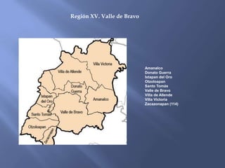 Región XV. Valle de Bravo




                            Amanalco
                            Donato Guerra
                            Ixtapan del Oro
                            Otzoloapan
                            Santo Tomás
                            Valle de Bravo
                            Villa de Allende
                            Villa Victoria
                            Zacazonapan (114)
 