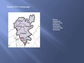 Región XVI. Zumpango




                       Apaxco
                       Hueypoxtla
                       Jaltenco (118)
                       Nextlalpan
                       Tequixquiac
                       Tonanitla (125)
                       Zumpango
 