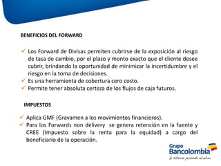 BENEFICIOS DEL FORWARD
 Los Forward de Divisas permiten cubrirse de la exposición al riesgo
de tasa de cambio, por el plazo y monto exacto que el cliente desee
cubrir, brindando la oportunidad de minimizar la incertidumbre y el
riesgo en la toma de decisiones.
 Es una herramienta de cobertura cero costo.
 Permite tener absoluta certeza de los flujos de caja futuros.
IMPUESTOS
 Aplica GMF (Gravamen a los movimientos financieros).
 Para los Forwards non delivery se genera retención en la fuente y
CREE (Impuesto sobre la renta para la equidad) a cargo del
beneficiario de la operación.
 