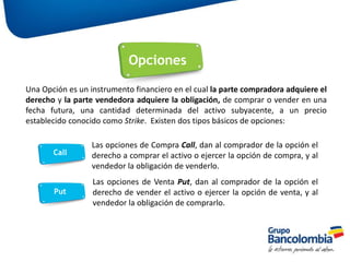 13
Opciones
Una Opción es un instrumento financiero en el cual la parte compradora adquiere el
derecho y la parte vendedora adquiere la obligación, de comprar o vender en una
fecha futura, una cantidad determinada del activo subyacente, a un precio
establecido conocido como Strike. Existen dos tipos básicos de opciones:
Call
Las opciones de Compra Call, dan al comprador de la opción el
derecho a comprar el activo o ejercer la opción de compra, y al
vendedor la obligación de venderlo.
Las opciones de Venta Put, dan al comprador de la opción el
derecho de vender el activo o ejercer la opción de venta, y al
vendedor la obligación de comprarlo.
Put
 