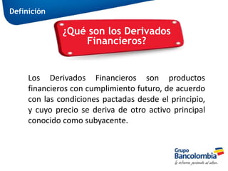 2
¿Qué son los Derivados
Financieros?
Definición
Los Derivados Financieros son productos
financieros con cumplimiento futuro, de acuerdo
con las condiciones pactadas desde el
principio, y cuyo precio se deriva de otro activo
principal conocido como subyacente.
 