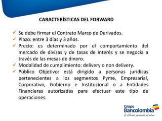  Se debe firmar el Contrato Marco de Derivados.
 Plazo: entre 3 días y 3 años.
 Precio: es determinado por el comportamiento del
mercado de divisas y de tasas de interés y se negocia a
través de las mesas de dinero.
 Modalidad de cumplimiento: delivery o non delivery.
 Público Objetivo: está dirigido a personas jurídicas
pertenecientes a los segmentos
Pyme, Empresarial, Corporativo, Gobierno e Institucional o
a Entidades Financieras autorizadas para efectuar este tipo
de operaciones.
CARACTERÍSTICAS DEL FORWARD
 
