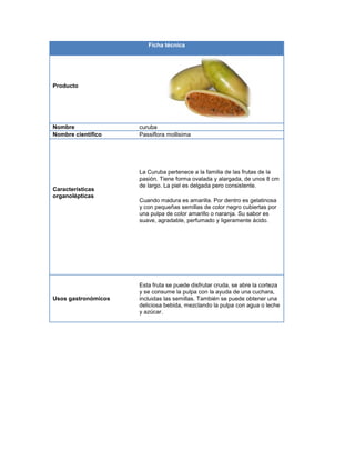 Ficha técnica
Producto
Nombre curuba
Nombre científico Passiflora mollisima
Características
organolépticas
La Curuba pertenece a la familia de las frutas de la
pasión. Tiene forma ovalada y alargada, de unos 8 cm
de largo. La piel es delgada pero consistente.
Cuando madura es amarilla. Por dentro es gelatinosa
y con pequeñas semillas de color negro cubiertas por
una pulpa de color amarillo o naranja. Su sabor es
suave, agradable, perfumado y ligeramente ácido.
Usos gastronómicos
Esta fruta se puede disfrutar cruda, se abre la corteza
y se consume la pulpa con la ayuda de una cuchara,
incluidas las semillas. También se puede obtener una
deliciosa bebida, mezclando la pulpa con agua o leche
y azúcar.
 