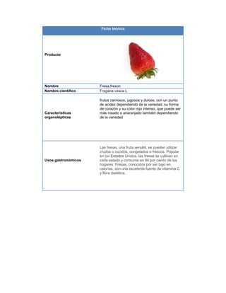 Ficha técnica
Producto
Nombre Fresa,freson
Nombre científico Fragaria vesca L
Características
organolépticas
frutos carnosos, jugosos y dulces, con un punto
de acidez dependiendo de la variedad, su forma
de corazón y su color rojo intenso, que puede ser
más rosado o anaranjado también dependiendo
de la variedad
Usos gastronómicos
Las fresas, una fruta versátil, se pueden utilizar
crudos o cocidos, congelados o frescos. Popular
en los Estados Unidos, las fresas se cultivan en
cada estado y consume en 94 por ciento de los
hogares. Fresas, conocidos por ser bajo en
calorías, son una excelente fuente de vitamina C
y fibra dietética.
 