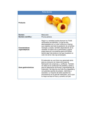 Ficha técnica
Producto
Nombre Melocotón
Nombre científico Prunus persica
Características
organolépticas
Según su variedad puede alcanzar los 75-85
centímetros de diámetro. La piel es lisa,
aterciopelada con un color uniforme e intenso
que engloba casi toda la gradación de amarillos-
naranjas o rosado, también dependiendo de la
variedad. El sabor de su perfumada y jugosa
pulpa pasa por una extensa gama de dulces,
siendo algo más ácida en los que muestran un
color de carne más rojo-anaranjado.
Usos gastronómicos
El melocotón es una fruta muy apreciada tanto
para su consumo en mesa como para la
fabricación de conservas y confituras. También
se utiliza en la confección de pasteles y tartas y
para la elaboración de licores y aguardientes de
melocotón. Se trata de una fruta muy digestible y
con grandes aportes de potasio, vitaminas y
azúcares. La mayoría de estos aportes los
encontramos en la piel del melocotón, por lo que
lo mejor es lavar el fruto y comerlo con piel
 