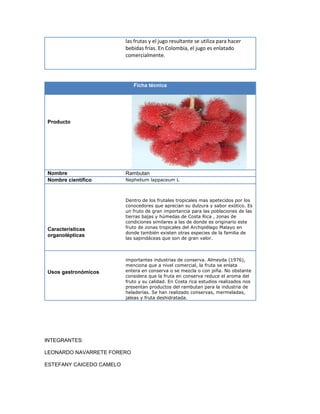 las frutas y el jugo resultante se utiliza para hacer
bebidas frías. En Colombia, el jugo es enlatado
comercialmente.
Ficha técnica
Producto
Nombre Rambutan
Nombre científico Nephelium lappaceum L
Características
organolépticas
Dentro de los frutales tropicales mas apetecidos por los
conocedores que aprecian su dulzura y sabor exótico. Es
un fruto de gran importancia para las poblaciones de las
tierras bajas y húmedas de Costa Rica , zonas de
condiciones similares a las de donde es originario este
fruto de zonas tropicales del Archipiélago Malayo en
donde también existen otras especies de la familia de
las sapindáceas que son de gran valor.
Usos gastronómicos
importantes industrias de conserva. Almeyda (1976),
menciona que a nivel comercial, la fruta se enlata
entera en conserva o se mezcla o con piña. No obstante
considera que la fruta en conserva reduce el aroma del
fruto y su calidad. En Costa rica estudios realizados nos
presentan productos del rambutan para la industria de
heladerías. Se han realizado conservas, mermeladas,
jaleas y fruta deshidratada.
INTEGRANTES:
LEONARDO NAVARRETE FORERO
ESTEFANY CAICEDO CAMELO
 