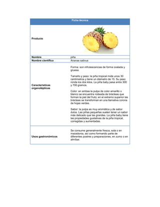 Ficha técnica
Producto
Nombre piña
Nombre científico Ananas sativus
Características
organolépticas
Forma: son infrutescencias de forma ovalada y
gruesa.
Tamaño y peso: la piña tropical mide unos 30
centímetros y tiene un diámetro de 15. Su peso
ronda los dos kilos. La piña baby pesa entre 300
y 700 gramos.
Color: en ambas la pulpa de color amarillo o
blanco se encuentra rodeada de brácteas que
forman la piel del fruto; en el extremo superior las
brácteas se transforman en una llamativa corona
de hojas verdes.
Sabor: la pulpa es muy aromática y de sabor
dulce. Las piñas pequeñas suelen tener un sabor
más delicado que las grandes. La piña baby tiene
las propiedades gustativas de la piña tropical,
corregidas y aumentadas.
Usos gastronómicos
Se consume generalmente fresca, sola o en
macedonia, así como formando parte de
diferentes postres y preparaciones, en zumo o en
almíbar.
 