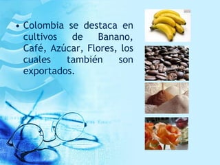• Colombia se destaca en
cultivos de Banano,
Café, Azúcar, Flores, los
cuales también son
exportados.
 