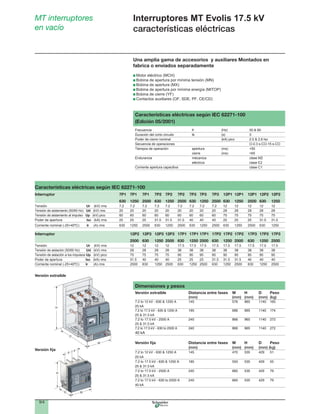 9/4
Interruptores MT Evolis 17.5 kV
características eléctricas
MT interruptores
en vacío
Dimensiones y pesos
Versión extraible Distancia entre fases W H D Peso
(mm) (mm) (mm) (mm) (kg)
185 686 965 1140 174
240 866 965 1140 272
Versión ﬁja Distancia entre fases W H D Peso
(mm) (mm) (mm) (mm) (kg)
Características eléctricas según IEC 62271-100
(Edición 05/2001)
Secuencia de operaciones O-0.3 s-CO-15 s-CO
Tiempos de operación apertura (ms) <50
cierre (ms) <65
Endurancia mécanica clase M2
eléctrica clase E2
Corriente apertura capacitiva clase C1
Características eléctricas según IEC 62271-100
Interruptor 7P1 7P1 7P1 7P2 7P2 7P2 7P3 7P3 7P3 12P1 12P1 12P1 12P2 12P2
630 1250 2500 630 1250 2500 630 1250 2500 630 1250 2500 630 1250
Tensión Ur
Tensión de aislamiento (50/60 Hz) Ud 20 20 20 20 20 20 20 20 20 28 28 28 28 28
Tensión de aislamiento al impulso Up 60 60 60 60 60 60 60 60 60 75 75 75 75 75
Poder de apertura Isc
Corriente nominal (-25+40ºC) Ir (A) rms 630 1250 2500 630 1250 2500 630 1250 2500 630 1250 2500 630 1250
Interruptor 12P2 12P3 12P3 12P3 17P1 17P1 17P1 17P2 17P2 17P2 17P3 17P3 17P3
2500 630 1250 2500 630 1250 2500 630 1250 2500 630 1250 2500
Tensión Ur
Tensión de aislación (50/60 Hz) Ud
TensIón de aislación a los impulsos Up
Poder de apertura Isc
Corriente nominal (-25+40ºC) Ir (A) rms 2500 630 1250 2500 630 1250 2500 630 1250 2500 630 1250 2500
Una amplia gama de accesorios y auxiliares Montados en
fabrica o enviados separadamente
Motor eléctrico (MCH)
Bobina de apertura por mínima tensión (MN)
Bobina de apertura (MX)
Bobina de apertura por mínima energía (MITOP)
Bobina de cierre (YF)
Contactos auxiliares (OF, SDE, PF, CE/CD)
H
D
W
Versión extraíble
Ics = 100%
Icu
220/440
525
690
100
100
85
Icw 85kA/1s
DV2
cat.B
IEC
947-2
UTE
VDE
BS CEI
UNE
AS NEMA
EN 60947-2
50/60Hz
Ue
Icu
(V)
(kA)
H
WD
d
dVersión ﬁja
 