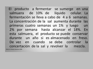 El producto a fermentar se sumerge en una
    salmuera de 10% de líquido celular. La
    fermentación se lleva a cabo de 4 a 6 semanas.
    La concentración de la sal aumenta durante las
    primeras cuatro semanas un 1% y luego un
    2% por semana hasta alcanzar el 18%. En
    esta salmuera, el producto se puede conservar
    durante un año si es almacenado en freso.
    De vez en cuando se debe controlar la
    concertación de la sal y revolver la  mezcla.
Marco R. Meyer,Gaetano,1989
 
