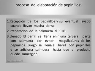 proceso de elaboración de pepinillos:


1.Recepción de los pepinillos y su eventual lavado
  cuando llevan mucha tierra
2.Preparación de la salmuera al 10%.
3.Llenado. El barril se llena en n una tercera parte
  con salmuera par evitar magulladuras de los
  pepinillos. Luego se llena el barril con pepinillos
  y se adiciona salmuera hasta que el producto
  quede sumergido.
Marco R. Meyer,Gaetano,1989
 