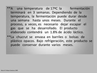 **A una temperatura de 17ªC la            fermentación
           terminará en 3 semanas. Dependiendo de la
           temperatura, la fermentación puede durar desde
           una semana hasta unos meses. Durante el
           proceso, a veces, es necesario dejar escapar el
           gas que se ha desarrollado. El producto
           elaborado contendrá un 1.8% de ácido láctico.
         **La chucrut se envasa en barriles o bolsas de
           plástico opacos. Bajo refrigeración, este producto se
           puede conservar durante varios meses.




Marco R. Meyer,Gaetano,1989
 