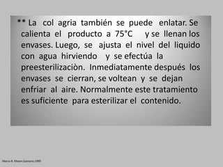 ** La col agria también se puede enlatar. Se
           calienta el producto a 75°C y se llenan los
           envases. Luego, se ajusta el nivel del liquido
           con agua hirviendo y se efectúa la
           preesterilizaciòn. Inmediatamente después los
           envases se cierran, se voltean y se dejan
           enfriar al aire. Normalmente este tratamiento
           es suficiente para esterilizar el contenido.




Marco R. Meyer,Gaetano,1989
 