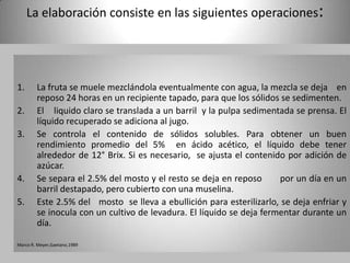 La elaboración consiste en las siguientes operaciones:




1.      La fruta se muele mezclándola eventualmente con agua, la mezcla se deja en
        reposo 24 horas en un recipiente tapado, para que los sólidos se sedimenten.
2.      El liquido claro se translada a un barril y la pulpa sedimentada se prensa. El
        líquido recuperado se adiciona al jugo.
3.      Se controla el contenido de sólidos solubles. Para obtener un buen
        rendimiento promedio del 5% en ácido acético, el líquido debe tener
        alrededor de 12° Brix. Si es necesario, se ajusta el contenido por adición de
        azúcar.
4.      Se separa el 2.5% del mosto y el resto se deja en reposo      por un día en un
        barril destapado, pero cubierto con una muselina.
5.      Este 2.5% del mosto se lleva a ebullición para esterilizarlo, se deja enfriar y
        se inocula con un cultivo de levadura. El líquido se deja fermentar durante un
        día.

Marco R. Meyer,Gaetano,1989
 