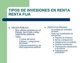 TIPOS DE INVESIONES EN RENTA
RENTA FIJA


   DEUDA PÚBLICA                           RENTA FIJA PRIVADA
                                              – Es emitida por entidades
     – Son valores emitidos por el
                                                privadas.
       Estado, las CCAA y otros
                                              – Entre sus modalidades se
       organismos públicos.
                                                encuentran:
     - Tipos:                                      Pagarés de empresa
         -   1) Letras del tesoro                  Bonos y obligaciones
         -   2) Bonos y obligaciones               Obligaciones convertibles
             del estado
                                                   Cédulas hipotecarias
         -   3) Deuda autonómica y de
             otros organismos públicos             Titulizaciones hipotecarios
                                                     o de activos
                                                   Participaciones
                                                     preferentes
 