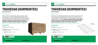 57/Una oportunidad para el sector forestal la nueva lista de productos forestales maderables del Perú56 /Capítulo 3
MADERA ASERRADA
Piezas de madera aserradas o labradas sobre las que se fijan los rieles
de una vía férrea. En sus extremos pueden presentar biseles, orificios o
cuñas para fijar los carriles o las placas de asientos. También pueden estar
reforzados por grapas, tornillos o flejes de acero para evitar que se astillen.
Cuando solo se protege la parte superficial para el transporte con
fungicidas o insecticidas, no llegan a considerarse “sin preservar”.
CARACTERÍSTICAS
Especies: diferentes tipos de coníferas.
Obtención: madera labrada y aserrada de sección cuadrada,
rectangular o aproximada.
Dimensiones: no reguladas por norma técnica.
TRAVIESAS (DURMIENTES)
SIN PRESERVAR
Palabra clave: traviesas.
PARTIDA ARANCELARIA
4406
4406.11.00.00 (sin impregnar, coníferas) 4406.12.00.00 (sin impregnar, diferentes de coníferas)
SUBPARTIDA ARANCELARIA
MADERA ASERRADA
Piezas de madera aserradas o labradas sobre las que se fijan los rieles de una vía férrea.
En sus extremos, pueden presentar biseles, orificios o cuñas para fijar los carriles o
las placas de asientos. También puede estar reforzados por grapas, tornillos o flejes de
acero para evitar que se astillen. Cuando se les somete a procesos de preservado con
creosota, CCA, CCB u otro similar en procesos de vacío presión (autoclave), para
mejorar la durabilidad de la madera, se les considera “preservadas”.
CARACTERÍSTICAS
Especies: diferentes tipo de coníferas.
Obtención: madera labrada y aserrada de sección cuadrada,
rectangular o aproximada.
Dimensiones: no reguladas por norma técnica.
TRAVIESAS (DURMIENTES)
PRESERVADAS
Palabra clave: traviesas.
PARTIDA ARANCELARIA
4406
4406.91.00.00 (las demás especies, coníferas) 4406.92.00.00 (las demás especies, diferentes de coníferas)
SUBPARTIDA ARANCELARIA
Traviesas
durmientes
 