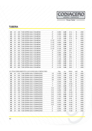 101
TUBERIA
65 25 330 TUB CERRA GALV COLMENA 2" 0.090 2.29 21.2 19 UND
65 25 340 TUB CERRA GALV COLMENA 2" 0.098 2.50 22.9 19 UND
65 25 350 TUB CERRA GALV COLMENA 2" 0.116 2.95 25.4 19 UND
65 25 360 TUB CERRA GALV COLMENA 2" 0.128 3.26 27.8 19 UND
65 25 370 TUB CERRA GALV COLMENA 2 1/2" 0.075 1.91 21.5 7 UND
65 25 380 TUB CERRA GALV COLMENA 2 1/2" 0.090 2.29 25.8 7 UND
65 25 390 TUB CERRA GALV COLMENA 2 1/2" 0.098 2.50 27.8 7 UND
65 25 400 TUB CERRA GALV COLMENA 2 1/2" 0.116 2.95 31.0 7 UND
65 25 410 TUB CERRA GALV COLMENA 2 1/2" 0.128 3.26 33.9 7 UND
65 25 420 TUB CERRA GALV COLMENA 3" 0.075 1.91 25.1 7 UND
65 25 430 TUB CERRA GALV COLMENA 3" 0.090 2.29 31.6 7 UND
65 25 440 TUB CERRA GALV COLMENA 3" 0.098 2.50 34.1 7 UND
65 25 450 TUB CERRA GALV COLMENA 3" 0.116 2.95 38.0 7 UND
65 25 460 TUB CERRA GALV COLMENA 3" 0.128 3.26 41.7 7 UND
65 25 470 TUB CERRA GALV COLMENA 4" 0.090 2.29 40.9 7 UND
65 25 480 TUB CERRA GALV COLMENA 4" 0.098 2.50 44.2 7 UND
65 25 490 TUB CERRA GALV COLMENA 4" 0.116 2.95 49.3 7 UND
65 25 500 TUB CERRA GALV COLMENA 4" 0.128 3.26 54.0 7 UND
65-TUB CERRAMIENTO GALVANIZADO CORPACERO Pulg mm PESO UXP UNI
65 30 010 TUB CERRA GALV CORPACERO 1/2 0.059 1.50 4.80 127 UND
65 30 020 TUB CERRA GALV CORPACERO 1/2 0.075 1.91 5.89 127 UND
65 30 030 TUB CERRA GALV CORPACERO 3/4 0.059 1.50 6.20 91 UND
65 30 040 TUB CERRA GALV CORPACERO 3/4 0.075 1.91 7.56 91 UND
65 30 050 TUB CERRA GALV CORPACERO 1" 0.059 1.50 7.80 61 UND
65 30 060 TUB CERRA GALV CORPACERO 1" 0.075 1.91 10.00 61 UND
65 30 070 TUB CERRA GALV CORPACERO 1" 0.090 2.29 11.20 61 UND
65 30 080 TUB CERRA GALV CORPACERO 11/4¨ 0.047 1.20 7.72 37 UND
65 30 090 TUB CERRA GALV CORPACERO 11/4¨ 0.059 1.50 9.90 37 UND
65 30 100 TUB CERRA GALV CORPACERO 11/4¨ 0.075 1.91 12.20 91 UND
65 30 110 TUB CERRA GALV CORPACERO 11/4¨ 0.090 2.29 12.70 37 UND
65 30 120 TUB CERRA GALV CORPACERO 11/4¨ 0.104 2.66 14.40 37 UND
65 30 130 TUB CERRA GALV CORPACERO 11/2¨ 0.047 1.20 8.84 37 UND
65 30 140 TUB CERRA GALV CORPACERO 11/2¨ 0.059 1.50 11.40 37 UND
65 30 150 TUB CERRA GALV CORPACERO 11/2¨ 0.075 1.91 14.00 37 UND
65 30 160 TUB CERRA GALV CORPACERO 11/2¨ 0.090 2.29 16.60 37 UND
65 30 170 TUB CERRA GALV CORPACERO 2¨ 0.047 1.20 11.09 37 UND
65 30 180 TUB CERRA GALV CORPACERO 2¨ 0.059 1.50 14.40 37 UND
65 30 190 TUB CERRA GALV CORPACERO 2¨ 0.075 1.91 17.80 37 UND
 