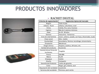 PRODUCTOS INNOVADORES
• RACHET DIGITAL
Criterios de segmentación Segmentos típicos del mercado
Región Todo el país
Urbana - Rural Urbana, suburbana, rural
Clima Calido, frio, seco, lluvioso
Ingreso Mas de 2 salarios mínimos
Edad De 20 - 60 años
Genero masculino - femenino
Ciclo de vida familiar Joven, soltero, casado, con hijos, divorciado, viudo
Clase social Alta - media
Escolaridad Secundaria, Técnico, tecnólogo, Universitario.
Ocupación Mecánicos
Origen étnico Hispano, asiático, africano, etc.
Calidad del producto Excelente
Características físicas de
los bienes
Tangible
Precio 250.000
Marca R y M
Empaque Cartón
Diseño Compacto
Garantía del Producto 2 años de garantía
Color Negro, gris, blanco, azul
Reputación del vendedor excelente
Servicios del vendedor Técnicos, post-venta
 