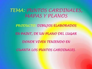 TEMA: PUNTOS CARDINALES, MAPAS Y PLANOSPRODUCTO: DIBUJOS ELABORADOS EN PAINT, DE UN PLANO DEL LUGAR DONDE VIVEN TENIENDO EN CUANTA LOS PUNTOS CARDINALES. 