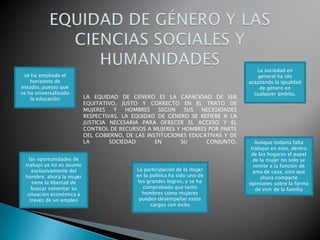 se ha ampliado el
horizonte de
estudio, puesto que
se ha universalizado
la educación

las oportunidades de
trabajo ya no es asunto
exclusivamente del
hombre, ahora la mujer
tiene la libertad de
buscar solventar su
situación económica a
través de un empleo

LA EQUIDAD DE GÉNERO ES LA CAPACIDAD DE SER
EQUITATIVO, JUSTO Y CORRECTO EN EL TRATO DE
MUJERES
Y
HOMBRES
SEGÚN
SUS
NECESIDADES
RESPECTIVAS. LA EQUIDAD DE GÉNERO SE REFIERE A LA
JUSTICIA NECESARIA PARA OFRECER EL ACCESO Y EL
CONTROL DE RECURSOS A MUJERES Y HOMBRES POR PARTE
DEL GOBIERNO, DE LAS INSTITUCIONES EDUCATIVAS Y DE
LA
SOCIEDAD
EN
SU
CONJUNTO.

La participación de la mujer
en la política ha sido uno de
los grandes logros, y se ha
comprobado que tanto
hombres como mujeres
pueden desempeñar estos
cargos con éxito

La sociedad en
general ha ido
aceptando la igualdad
de género en
cualquier ámbito.

Aunque todavía falta
trabajar en esto, dentro
de los hogares el papel
de la mujer no solo se
remite a la función de
ama de casa, sino que
ahora comparte
opiniones sobre la forma
de vivir de la familia

 