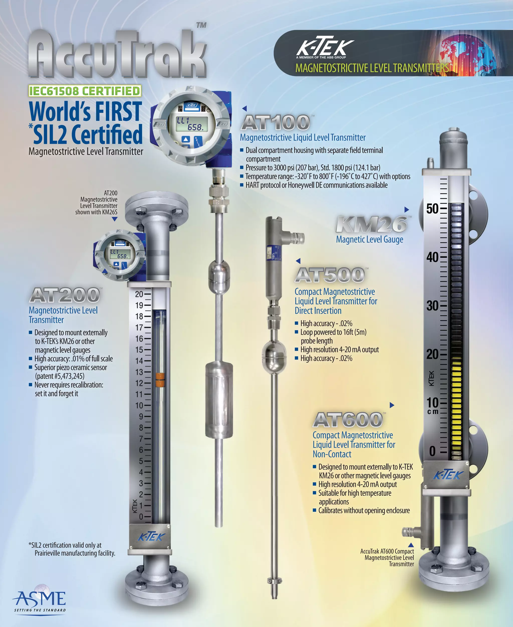 MagnetostrictiveLevel
Transmitter
n Designedtomountexternally
toK-TEK’sKM26orother
magneticlevelgauges
n Highaccuracy:.01%offullscale
n Superiorpiezoceramicsensor
(patent#5,473,245)
n Neverrequiresrecalibration:
setitandforgetit
MAGNETOSTRICTIVELEVELTRANSMITTERS
CompactMagnetostrictive
LiquidLevelTransmitterfor
Non-Contact
n DesignedtomountexternallytoK-TEK
KM26orothermagneticlevelgauges
n Highresolution4-20mAoutput
n Suitableforhightemperature
applications
n Calibrateswithoutopeningenclosure
AccuTrak AT600 Compact
Magnetostrictive Level
Transmitter
AT200
Magnetostrictive
LevelTransmitter
shown with KM26S
CompactMagnetostrictive
LiquidLevelTransmitterfor
DirectInsertion
n Highaccuracy-.02%
n Looppoweredto16ft(5m)
probelength
n Highresolution4-20mAoutput
n Highaccuracy-.02%
MagneticLevelGauge
MagnetostrictiveLiquidLevelTransmitter
n Dualcompartmenthousingwithseparatefieldterminal
compartment
n Pressureto3000psi(207bar),Std.1800psi(124.1bar)
n Temperaturerange:-320˚Fto800˚F(-196˚Cto427˚C)withoptions
n HARTprotocolorHoneywellDEcommunicationsavailable
World’sFIRST*
SIL2CertifiedMagnetostrictive LevelTransmitter
*SIL2certificationvalidonlyat
Prairievillemanufacturingfacility.
 