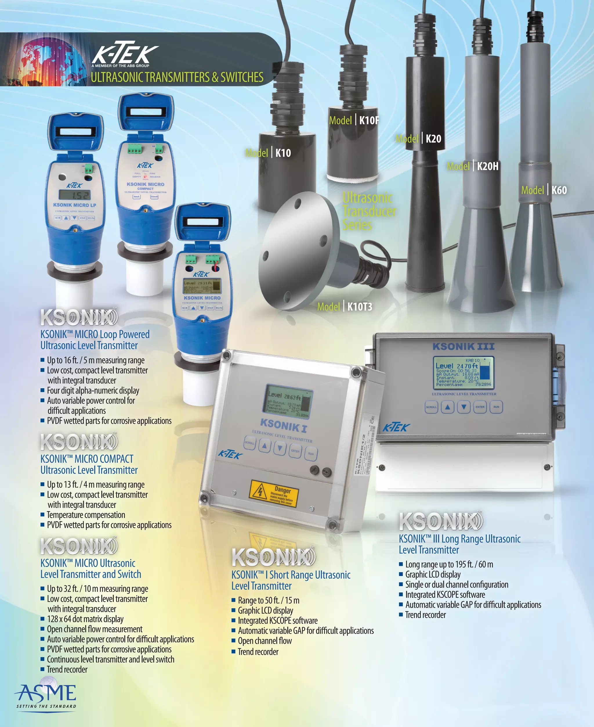 KSONIK™IShortRangeUltrasonic
LevelTransmitter
n Rangeto50ft./15m
n GraphicLCDdisplay
n IntegratedKSCOPEsoftware
n AutomaticvariableGAPfordifficultapplications
n Openchannelflow
n Trendrecorder
KSONIK™IIILongRangeUltrasonic
LevelTransmitter
n Longrangeupto195ft./60m
n GraphicLCDdisplay
n Singleordualchannelconfiguration
n IntegratedKSCOPEsoftware
n AutomaticvariableGAPfordifficultapplications
n Trendrecorder
Model | K10T3
Model | K20H
Model | K60
Model | K20
Model | K10
Model | K10F
Ultrasonic
Transducer
Series
ULTRASONICTRANSMITTERS&SWITCHES
KSONIK™MICROLoopPowered
UltrasonicLevelTransmitter
n Upto16ft./5mmeasuringrange
n Lowcost,compactleveltransmitter
withintegraltransducer
n Fourdigitalpha-numericdisplay
n Autovariablepowercontrolfor
difficultapplications
n PVDFwettedpartsforcorrosiveapplications
KSONIK™MICROCOMPACT
UltrasonicLevelTransmitter
n Upto13ft./4mmeasuringrange
n Lowcost,compactleveltransmitter
withintegraltransducer
n Temperaturecompensation
n PVDFwettedpartsforcorrosiveapplications
KSONIK™MICROUltrasonic
LevelTransmitterandSwitch
n Upto32ft./10mmeasuringrange
n Lowcost,compactleveltransmitter
withintegraltransducer
n 128x64dotmatrixdisplay
n Openchannelflowmeasurement
n Autovariablepowercontrolfordifficultapplications
n PVDFwettedpartsforcorrosiveapplications
n Continuousleveltransmitterandlevelswitch
n Trendrecorder
 