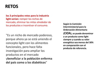 RETOS
los 3 principales retos para la industria
light serían: romper los nichos de
mercado, eliminar los mitos alrededor de
                                            Según la Comisión
los productos e incentivar el consumo.
                                            Interministerial para la
                                            Ordenación Alimentaria
                                            (CIOA), se puede denominar
"Es un nicho de mercado poderoso,           a un producto como light
porque ahora ya se está uniendo el          siempre y cuando su valor
concepto light con los alimentos            energético sea menos del 30%
                                            en comparación con el
funcionales, pero hace falta                producto de referencia.
investigación para ampliar los
productos en el mercado
ybeneficiar a la población enferma
del país como a los diabéticos"
 