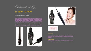 Delineador de Ojos
S/. 29.00 S/. 40.00
ETUDE HOUSE 5ml.
Este delineador líquido ligeramente cremoso define e intensifica
tu mirada con un color intenso y profundo. Gracias a su pluma
de alta precisión y larga duración. Permite un trazado preciso y
uniforme. Se desliza con facilidad y proporciona un color
duradero delineando, definiendo y acentuando la forma de tus
ojos. Textura suave, Altamente pigmentado, Resistente al agua,
Se mantiene intacto, Larga duración, Fácil de usar, Trazo fino.
CONTIENE:
Contiene ácido cítrico que aporta alta flexibilidad y
adherencia. Su fórmula es suave, de secado rápido y larga
duración.
COMO USAR:
Deslízalo sobre la raíz de las pestañas siguiendo la curva
natural del ojo.
EH-116
 