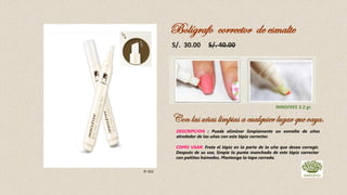 Con las uñas limpias a cualquier lugar que vaya.
S/. 30.00 S/. 40.00
INNISFREE 3.2 gr.
DESCRIPCION : Puede eliminar limpiamente un esmalte de uñas
alrededor de las uñas con este lápiz corrector.
COMO USAR: Frote el lápiz en la parte de la uña que desea corregir.
Después de su uso, limpie la punta manchada de este lápiz corrector
con pañitos húmedos. Mantenga la tapa cerrada.
IF-101
Bolígrafo corrector de esmalte
 