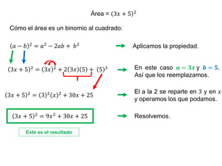 Aplicamos la propiedad.
𝑎 − 𝑏 2 = 𝑎2 − 2𝑎𝑏 + 𝑏2
Área = 3𝑥 + 5 2
Cómo el área es un binomio al cuadrado:
En este caso 𝒂 = 𝟑𝒙 y 𝒃 = 𝟓.
Así que los reemplazamos.
El a la 2 se reparte en 3 y en 𝑥
y operamos los que podamos.
3𝑥 + 5 2 = 3 2 𝑥 2 + 30𝑥 + 25
Resolvemos.
3𝑥 + 5 2 = 3𝑥 2 + 2 3𝑥 5 + 5 2
3𝑥 + 5 2
= 9𝑥2
+ 30𝑥 + 25
Este es el resultado
 