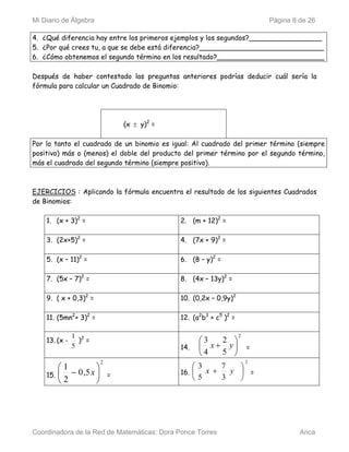 Mi Diario de Álgebra                                                      Página 8 de 26

4. ¿Qué diferencia hay entre los primeros ejemplos y los segundos?_________________
5. ¿Por qué crees tu, a que se debe está diferencia?_____________________________
6. ¿Cómo obtenemos el segundo término en los resultado?_________________________

Después de haber contestado las preguntas anteriores podrías deducir cuál sería la
fórmula para calcular un Cuadrado de Binomio:




                               (x ± y)2 =

Por lo tanto el cuadrado de un binomio es igual: Al cuadrado del primer término (siempre
positivo) más o (menos) el doble del producto del primer término por el segundo término,
más el cuadrado del segundo término (siempre positivo).



EJERCICIOS : Aplicando la fórmula encuentra el resultado de los siguientes Cuadrados
de Binomios:

    1. (x + 3)2 =                           2. (m + 12)2 =

    3. (2x+5)2 =                            4. (7x + 9)2 =

    5. (x – 11)2 =                          6. (8 – y)2 =

    7. (5x – 7)2 =                          8. (4x – 13y)2 =

    9. ( x + 0,3)2 =                        10. (0,2x – 0,9y)2

    11. (5mn2+ 3)2 =                        12. (a2b3 + c5 )2 =

               1 2                                                2
    13. (x -     ) =                              ⎛3   2 ⎞
               5                            14.   ⎜ x + y⎟            =
                                                  ⎝4   5 ⎠
                       2                                              2
        ⎛1         ⎞                            ⎛3     7   ⎞
                                            16. ⎜  x +   y ⎟ =
    15. ⎜ − 0 ,5 x ⎟       =                    ⎝5     3   ⎠
        ⎝2         ⎠




Coordinadora de la Red de Matemáticas: Dora Ponce Torres                           Arica
 
