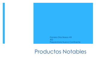 Daniela Díaz Baeza #8
402
Preparatoria Nuevo Continente

Productos Notables

 