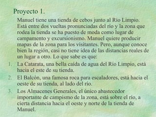 Proyecto 1. 
Manuel tiene una tienda de cebos junto al Río Limpio. 
Está entre dos vueltas pronunciadas del río y la zona que 
rodea la tienda se ha puesto de moda como lugar de 
campamento y excursionismo. Manuel quiere producir 
mapas de la zona para los visitantes. Pero, aunque conoce 
bien la región, casi no tiene idea de las distancias reales de 
un lugar a otro. Lo que sabe es que: 
1. La Catarata, una bella caída de agua del Río Limpio, está 
hacia el este de su tienda. 
2. El Balcón, una famosa roca para escaladores, está hacia el 
oeste de su tienda, al lado del río. 
3. Los Almacenes Generales, el único abastecedor 
importante de campismo de la zona, está sobre el río, a 
cierta distancia hacia el oeste y norte de la tienda de 
Manuel. 
 