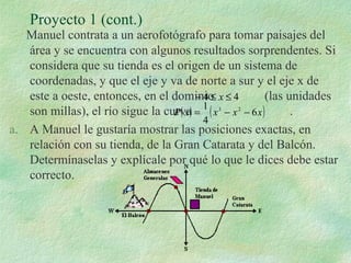 Proyecto 1 (cont.) 
Manuel contrata a un aerofotógrafo para tomar paisajes del 
área y se encuentra con algunos resultados sorprendentes. Si 
considera que su tienda es el origen de un sistema de 
coordenadas, y que el eje y va de norte a sur y el eje x de 
este a oeste, entonces, en el dominio - 4 £ x £ 4 
(las unidades 
son millas), el río sigue la curva = 1 3 - 2 - 
. 
P( x) (x x 6x) 
4 
a. A Manuel le gustaría mostrar las posiciones exactas, en 
relación con su tienda, de la Gran Catarata y del Balcón. 
Determínaselas y explícale por qué lo que le dices debe estar 
correcto. 
 