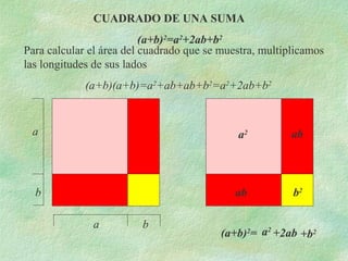 Para calcular el área del cuadrado que se muestra, multiplicamos 
las longitudes de sus lados 
(a+b)(a+b)=a2+ab+ab+b2=a2+2ab+b2 
(a+b)2= 
a 
a b 
b 
a2 
ab 
ab 
b2 
CUADRADO DE UNA SUMA 
(a+b)2=a2+2ab+b2 
a2 +2ab +b2 
 