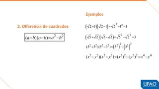 2. Diferencia de cuadrados
2 2
( )( )
a b a b a b
   
   2 2
2 1 2 1 2 1 1
    
   2 2
5 2 5 2 5 2 3
    
2 2 2 2 2 2 2 2 4 4
( )( ) ( ) ( )
x y x y x y x y
     
   
2 2
2 2 2 2 2 2
(5 3 )(5 3 ) 5 3
   
Ejemplos
 