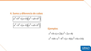 4. Suma y diferencia de cubos
  
3 3 2 2
a b a b a ab b
    
  
3 3 2 2
a b a b a ab b
    
3 2
3 3 3 2
8 ( 2)( 2 4)
64 4 ( 4)( 4 16)
x x x x
x x x x x
    
      
Ejemplos
 